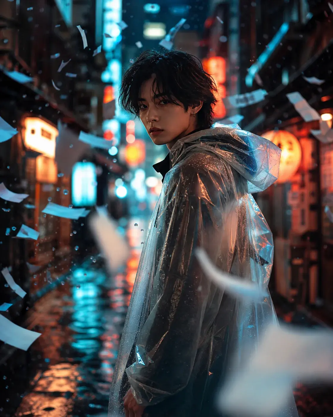 雨の夜の街で透明なレインコートを着た架空の人物