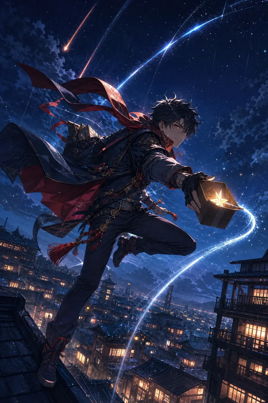 星の入った箱を届けるオリジナルのアニメ配達人