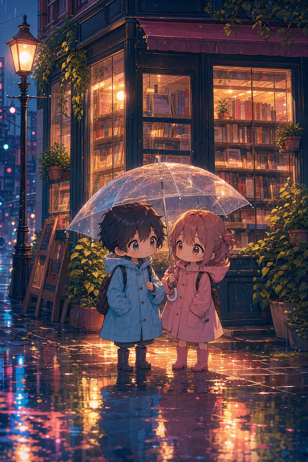 Rainy Bookshop Chibi Meet-Cute poster