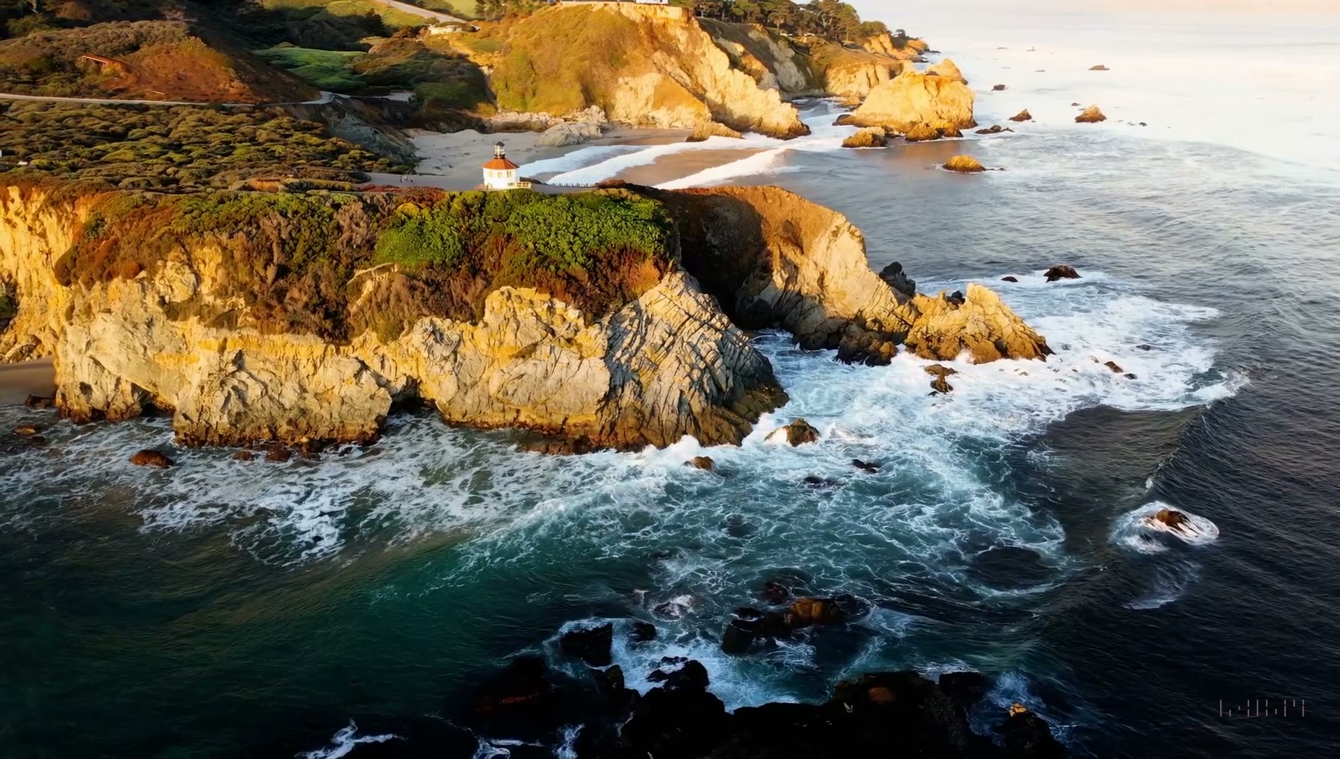 AI-generated aerial coastline video still